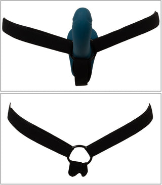 Strap-On Set med Vibrator visas i två vyer: framsidan med en blå dildo och baksidan med en O-ring. Perfekt för äventyrlig lek, den kompletterar alla vibratorer för extra spänning.