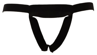 En svart ögonmask, inspirerad av den lyxiga Strap-On Set med Vibrator-design, visas på en vit bakgrund. Den har ett elastiskt band och en mjuk, flexibel struktur för komfort samtidigt som den effektivt blockerar ljus under sömnen.