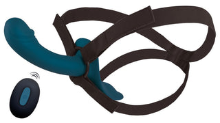 En blågrön "Strap-On Set med Vibrator" visas med justerbara svarta remmar och en elegant svart trådlös fjärrkontroll med en strömknappsikon för avancerad vibratorfunktion.