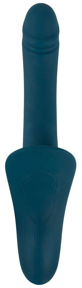 Strap-On Set med Vibrator har en modern ergonomisk design i blågrönt, med en slät, långsträckt form med en skyddsliknande bas som liknar ett elegant handtag.
