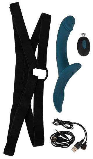 Teal strapless Strap-On Set med Vibrator med åsar, svarta seleband, fjärrkontroll och USB-laddningskablar. Böjd för dubbel stimulering.