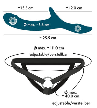 Diagram av Strap-On Set med Vibrator, som visar en krickfärgad dildo som mäter cirka 25,5 cm i längd, med diametrar på 13,5 cm, 12,0 cm och 3,6 cm. Den justerbara svarta selen rymmer midjestorlekar upp till 111,0 cm och benöppningar upp till 40,0 cm för komfort.