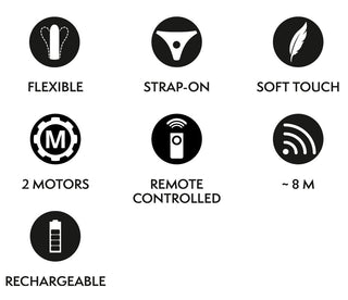 Ikoner för Strap-On Set med Vibrator skildrar dess egenskaper: en flexibel, soft-touch strap-on design med två kraftfulla motorer och fjärrkontrollfunktioner med en räckvidd på 8 meter. Den är också uppladdningsbar för oändlig njutning.