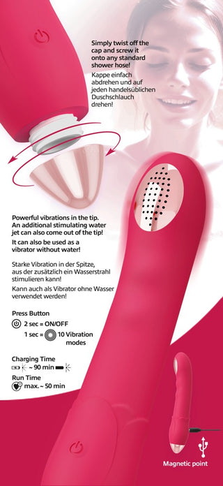 Showers to Orgasm Duschvibrator är en röd, vattentät vibrator med 10 vibrationslägen. Uppladdningsbar, har avtagbart lås, tydlig funktionsbeskrivning, strömknapp och laddningsindikator.