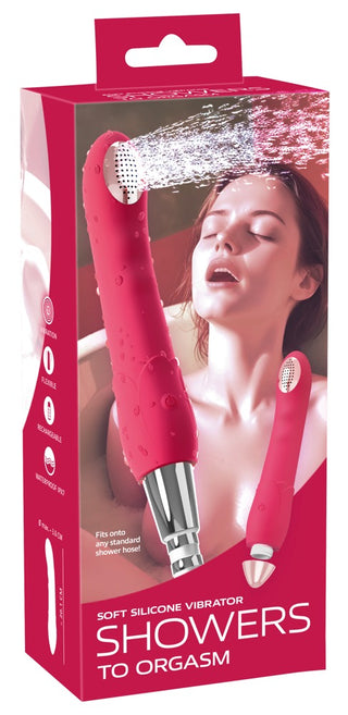 Showers to Orgasm Duschvibrator: En röd, vattentät och uppladdningsbar duschvibrator med 10 intensiva vibrationslägen—perfekt för njutning under duschen när vattnet sprutar mot ansiktet.