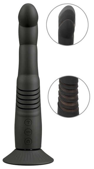 G- & P-Spot Thrusting Vibrator, tillverkad av kroppsvänlig kisel, erbjuder enkla kontroller, en sugbas, räfflade inläggningar och en flexibel design för riktad prostatabehandling.