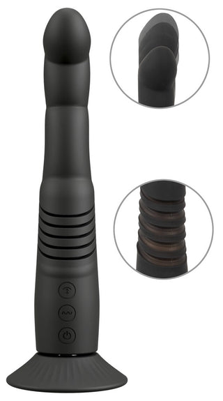 G- & P-Spot Thrusting Vibrator, tillverkad av kroppsvänlig kisel, erbjuder enkla kontroller, en sugbas, räfflade inläggningar och en flexibel design för riktad prostatabehandling.