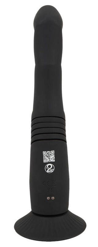 G- & P-Spot Thrusting Vibrator är en svart, kroppssäker silikonvibrator med en utsvängd sugbas och handtagsknappar, designad för G-punkts- eller prostatastimulering.