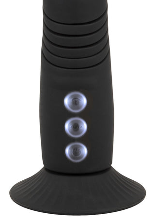 Närbild på den svarta G- & P-Spot Thrusting Vibratorn med tre upplysta knappar, en räfflad, utsvängd bas och tillverkad av kroppssäker silikon.