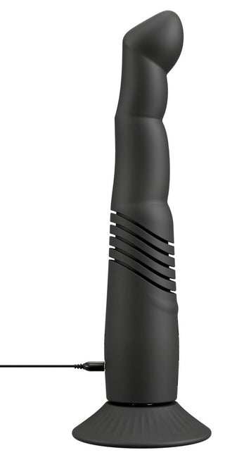 G- & P-Spot Thrusting Vibrator i kroppssäker silikon har en böjd, ribbad design med sugbas, perfekt för prostataanvändning, och inkluderar en laddningskabel.