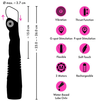 G- & P-Spot Thrusting Vibrator är tillverkad av kroppsvänlig kisel och har vibration, flexibel design, uppladdningsbart batteri, mjuk yta och levereras med praktiska ikoner som visar dess viktigaste mått och funktioner.