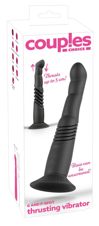 Ask för den svarta G- & P-punktsvibratorn, designad för prostatastimulering, med produktbilder och funktioner i rosa text. Tillverkad av kroppssäker silikon för säker och bekväm njutning.