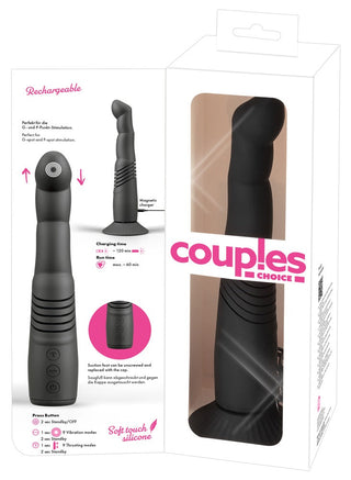 G- & P-punktsvibrator i genomskinlig Couples Choice-förpackning, tillverkad av kroppsvänlig silikon med synliga produktdetaljer och funktioner.