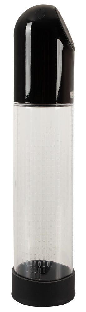 Mr Boner Automatic Penispump är en elegant, genomskinlig plastcylinder med en något spetsig svart lock och bas, som liknar en strömlinjeformad design. Dess släta, klara yta har ett inre rutmönster, perfekt för akvaträningsentusiaster.