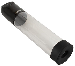 Mr Boner Automatic Penispump: En genomskinlig cylinder med svarta ändlock och mätmarkeringar, med en digital display på toppen. Ordet "MODERN" är tryckt på den övre delen, perfekt för aquaträning fans som vill ha både precision och stil.