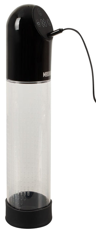En elegant, transparent cylindrisk enhet med en svart topp och bas, med kontrollpanel och nätsladd. Designad som en modern köksapparat, är Mr Boner Automatic Penispump idealisk för akvaträningsentusiaster.