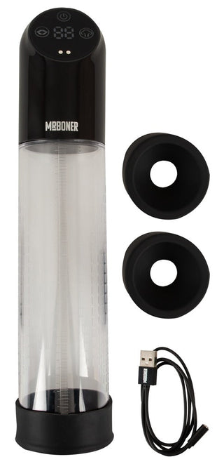 Mr Boner Automatic Penispump är en elegant cylindrisk enhet i svart och transparent med digitala kontroller ovanpå. Den kommer med två svarta cirkulära tillbehör och en svart USB-laddningskabel, allt designat för diskretion och stil.