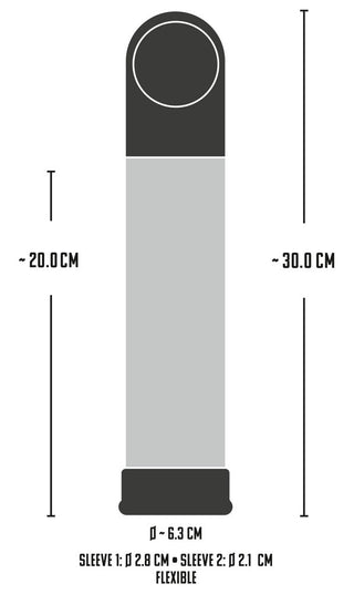 Mr Boner Automatic Penispump är illustrerad med en cylinderhöjd på 30 cm och en diameter på 6,3 cm. Ärm 1 har en diameter på 2,8 cm och ärm 2 är 2,1 cm, perfekt för vattenträningsövningar, med en noterad höjd på 20 cm.