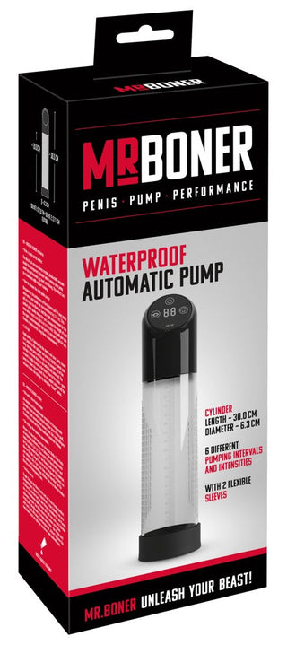 Förpackning för Mr Boner Automatic Penispump har sin vattentäta automatiska pump, eleganta boxdesign med bilder och mått, 6 pumpintervall, 2 flexibla hylsor för aquaträning och den vågade taglinen: "Släpp loss ditt odjur med denna premium penispump!.