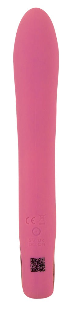 En rosa Slim G-Spot Vibrator Rose med text och QR-kodmarkeringar i botten, tillverkad av silkeslen silikon för extra komfort.