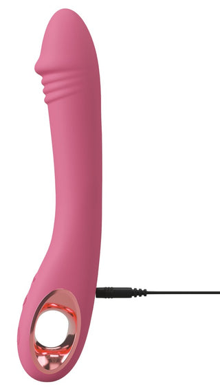 Slim G-Spot Vibrator Rose är en rosa, böjd enhet gjord av silkeslen silikon för lyx, med en laddningskabel fäst vid basen.