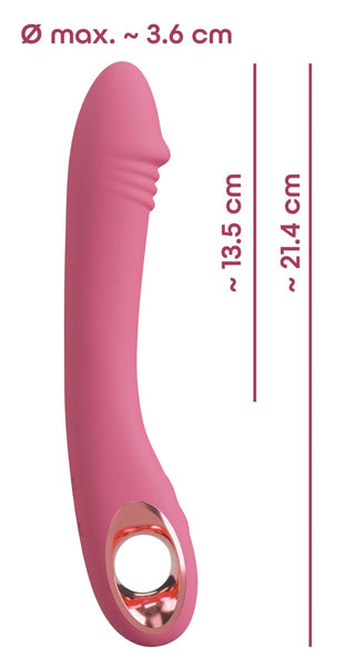 Slim G-Spot Vibrator Rose är en rosa G-Spot vibrator gjord av silkeslen silikon, som mäter 21,4 cm lång, med en maxdiameter på 3,6 cm, och har ett metalliskt ringhandtag för enkelt grepp.