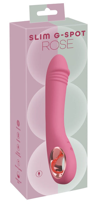 Möt Slim G-Spot Vibrator Rose – en rosa fröjd med elegant förpackning med illustrationer och ikoner. Tillverkad av "silkeslen silikon", denna vattentäta design lovar lyxig komfort och sömlös njutning.