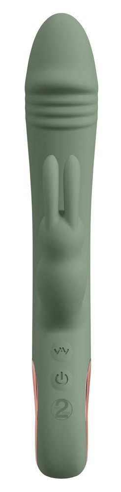 Vi presenterar Slim Rabbit Vibrator Olive, tillverkad av lyxigt silkeslen. Dess gröna nyans och kaninöron ger dubbel stimulans med en elegant design, texturerad spets och intuitiv baskontroll för ultimat njutning.