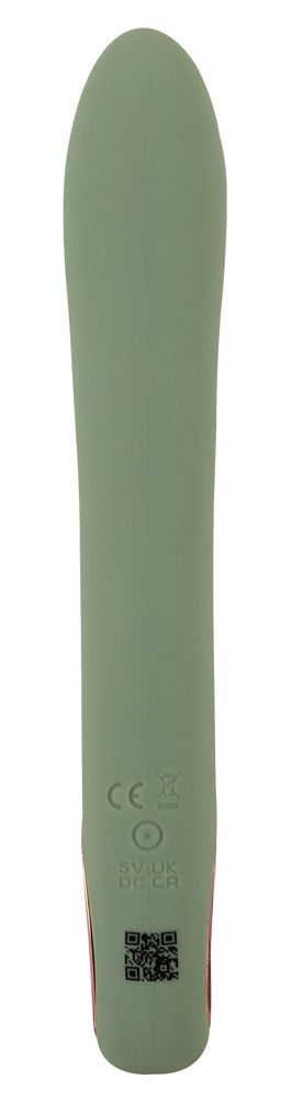 Slim Rabbit Vibrator Olive är ett grönt, avlångt föremål med en rundad topp gjord av silkeslen silikon, med olika symboler och en QR-kod nära botten.