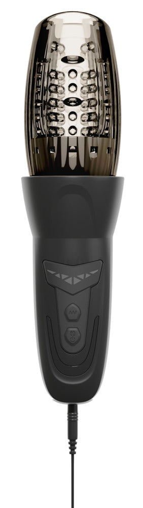 Stroker Penis Masturbator är en svart och silverfärgad handhållen elektronisk enhet med knappar, en transparent texturerad topp och en roterande tryckfunktion för en förbättrad manlig vibratorupplevelse.