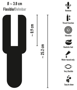 Svart silhuettdiagram av Stroker Penis Masturbator med mått och ikoner som framhäver dess roterande tryckfunktion, mot en vit bakgrund.