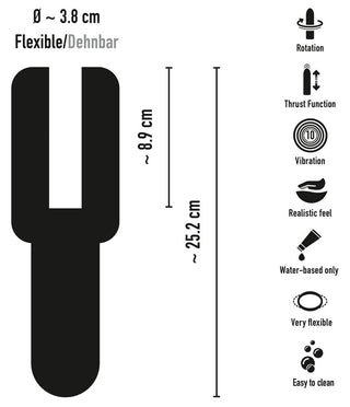 Svart silhuettdiagram av Stroker Penis Masturbator med mått och ikoner som framhäver dess roterande tryckfunktion, mot en vit bakgrund.