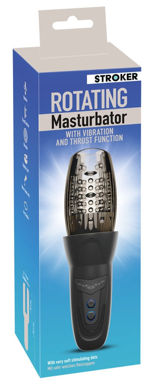 Förpackningslåda för Stroker Penis Masturbator med roterande tryckfunktion och vibration, visad upprätt mot en vit bakgrund.