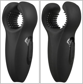 Rebel Man Wand Masturbator är en svart silikonmasturbator med kraftfull vibration, vibrovingar och en texturerad insida. Visad från två vinklar mot en vit bakgrund.