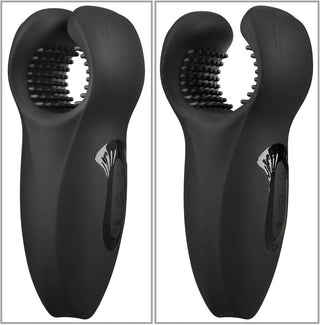 Rebel Man Wand Masturbator är en svart silikonmasturbator med kraftfull vibration, vibrovingar och en texturerad insida. Visad från två vinklar mot en vit bakgrund.