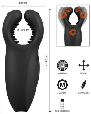 Rebel Man Wand Masturbator är en svart, vibrerande apparat med flexibla, texturerade ändar och storlekar. Ikoner framhäver dess kraftfulla vibrationsfunktioner för intensiv stimulering.