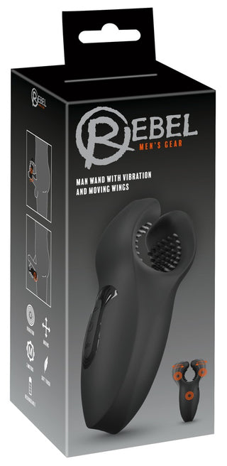 Svart låda för Rebel Man Wand Masturbator, som visar produktbild, användningsillustrationer och vibrationshöjdpunkter.
