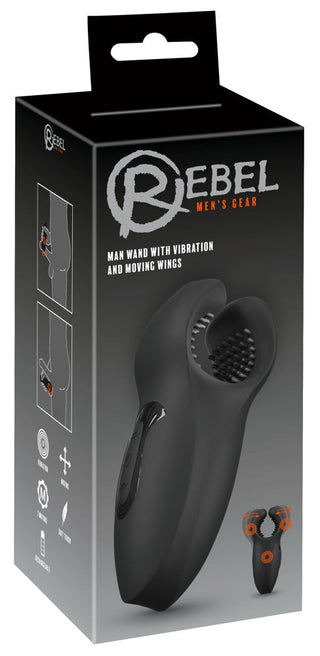 Svart låda för Rebel Man Wand Masturbator, som visar produktbild, användningsillustrationer och vibrationshöjdpunkter.