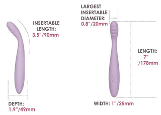 Diagram över Svakom Cici 2 Vibrator i lila med dimensioner: Insättningslängd: 3,5"/90mm, djup: 1,9"/49mm, största insättningsdiameter: 0,8"/20mm, total längd: 7"/178mm, bredd: 1"/25mm. Kompatibel med två flexibla handtagsknappar och KOM kompatibel med två handtagsknappar.