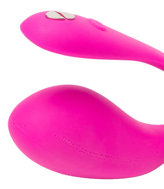 WeVibe Jive 2 är en rosa, böjd enhet med en slät yta och metallknappar, som erbjuder sömlös kontroll via fjärrkontroll eller app för en förbättrad upplevelse.