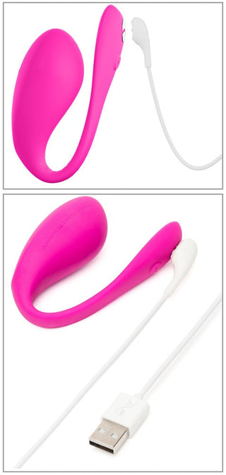 WeVibe Jive 2 är en rosa, böjd vibrerande enhet med en vit laddningskabel med en USB-kontakt, vilket säkerställer sömlös anslutning.