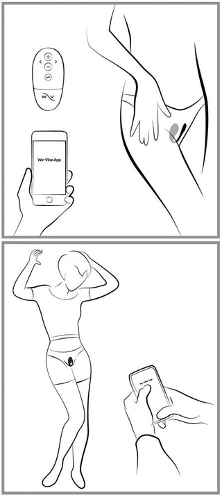 Illustration av en person som använder WeVibe Jive 2, en ergonomisk bärbar enhet med en vibrokula med en fjärrapp och kontroll.
