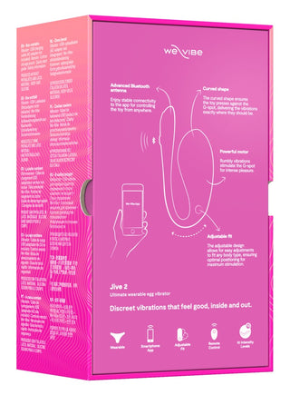 Den rosa lådan för WeVibe Jive 2 bärbara vibrator visar upp sin ergonomiska design och kompatibilitet med smartphones och fjärrkontroller eller appar.