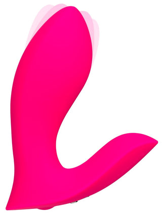 Lovense Flexer är en rosa silikonvibrator med dubbla ändar, böjd, ergonomisk design och vattentät sexleksak-teknik, som visas mot en vit bakgrund.
