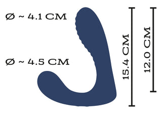 Intense Prostata Vibrator RC är en mörkblå, böjd analvibrator (15,4 cm x 12,0 cm, diametrar ~4,1 cm & ~4,5 cm), idealisk som prostataplugg, som visas på en vit bakgrund.