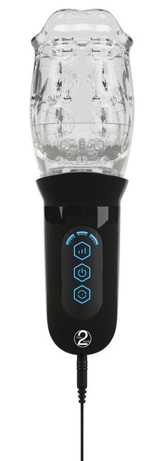 Masturbator med 360° Massage är en svart handhållen roterande masturbator med en transparent texturerad topp och blå upplysta kontrollknappar.