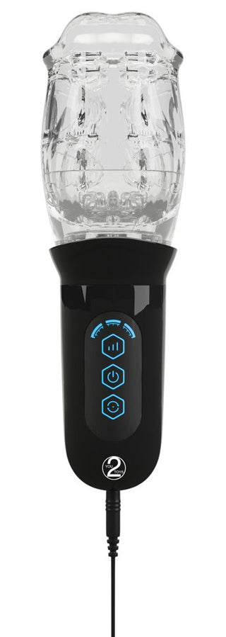 Masturbator med 360° Massage är en svart handhållen roterande masturbator med en transparent texturerad topp och blå upplysta kontrollknappar.
