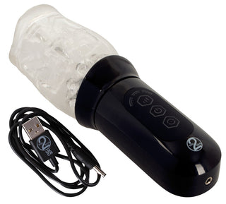 Masturbator med 360° Massage - en svart och klar elektronisk penismassagerare med en USB-laddningskabel, visad på en vit bakgrund.