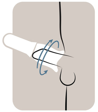 Illustration av en handskbeklädd hand som roterar en provtagningspinne i en näsborre för provtagning, vilket liknar den mjuka 360°-rörelsen hos Masturbator med 360° Massage.