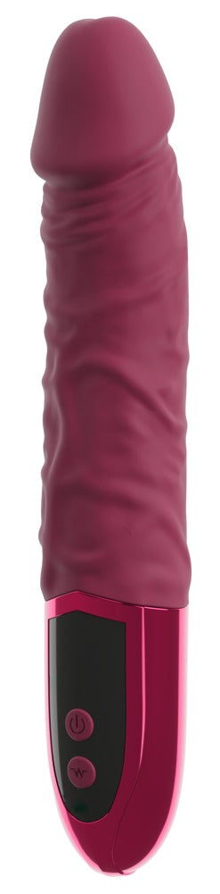 Realistisk vibrator i rödbrun silikon med texturerat skaft och kontrollknappar på basen.